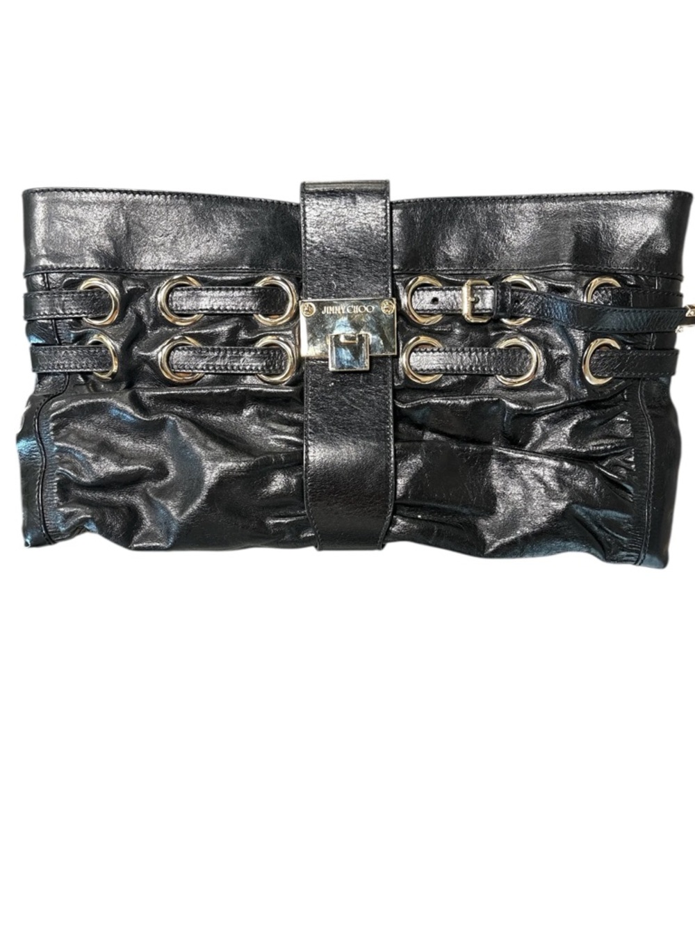 Jimmy Choo Black Leather Buckle-Detail Clutch with Gold Hardware